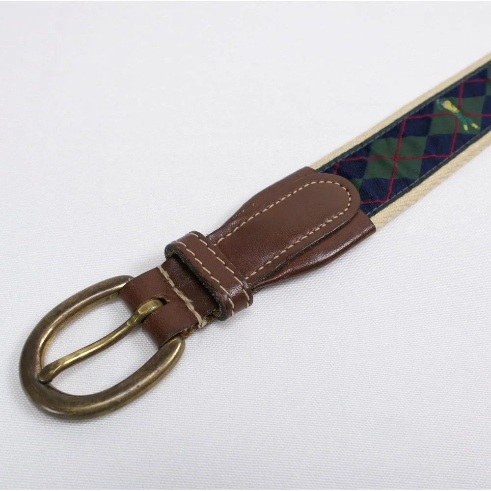 Brooks Brothers Mens 34 Golf Argyle Embroidered Canvas Leather Needlepoint Belt